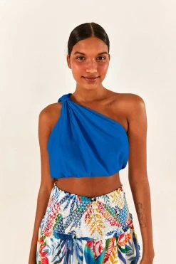 FARM RIO Blue One-Shoulder Knot Top