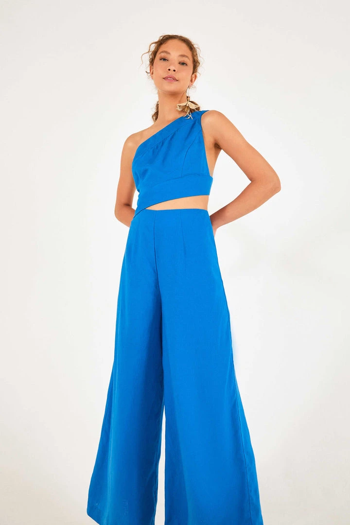 FARM RIO Blue One Shoulder Jumpsuit New In 1 FARM RIO Blue One Shoulder Jumpsuit New In